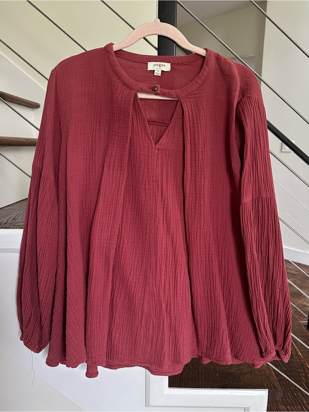 Umgee S Burgundy Wine Gauze Peplum Tunic Top Long Sleeve Boho
